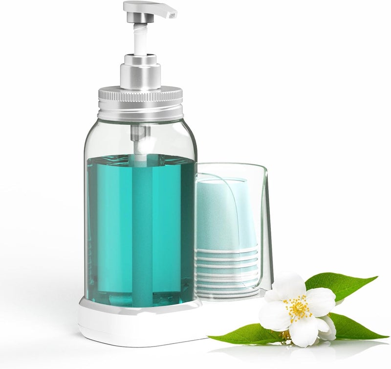 Luvan Mouthwash Dispenser for Bathroom, 25oz Mouthwash Pump Bottle with Cup Holder, Refillable Clear Blue Mouth Wash Container for All Age Groups, Large Capacity Bathroom Mouthwash Holder Set - Image 1